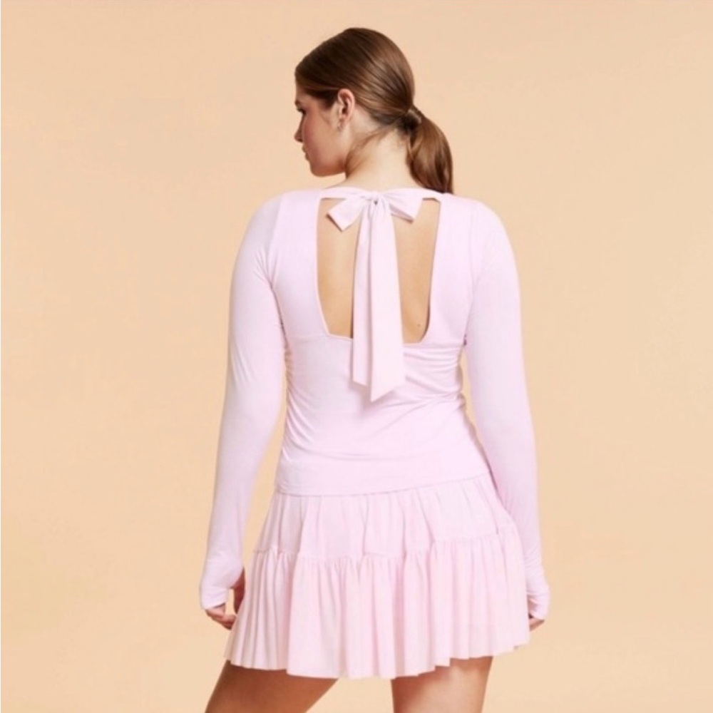 NWT Blogilates Women's Love Story Long Sleeve Tie Bow Top in Lilac Snow 1X